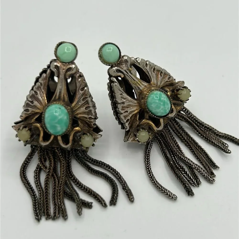 Vintage Art Deco Green and Silver Clip-on Earrings
